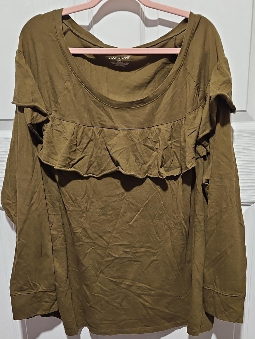 Lane Bryant Olive Ruffle-Smock Long Sleeve Tee